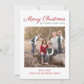 エレガントスクリプモダント赤いストライプクリスマスフォト シーズンカード (正面)
