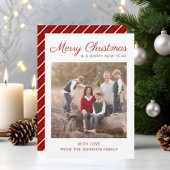 エレガントスクリプモダント赤いストライプクリスマスフォト シーズンカード
