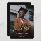 エレガントスクリプモダント黒金ゴールド写真卒業 サンキューカード (正面/裏面)