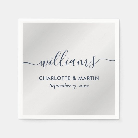 エレガントスクリプモダントNavy Blue and Silver 結婚's スタンダードカクテルナプキン (正面)