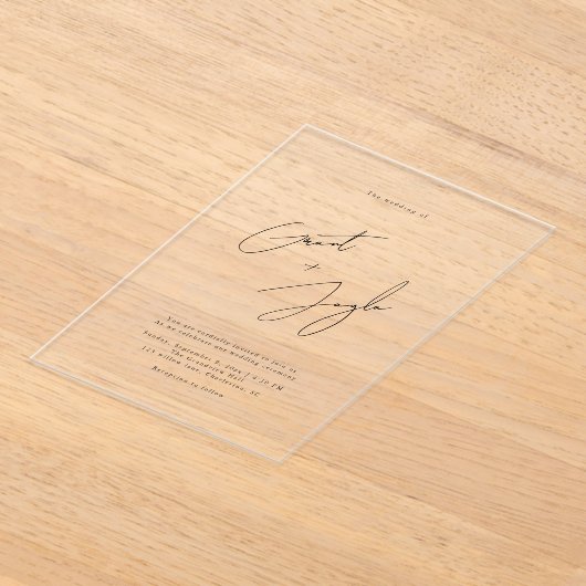 エレガントスクリプ結婚ト名のモダン黒澄ん アクリル招待状 (レイダウン)