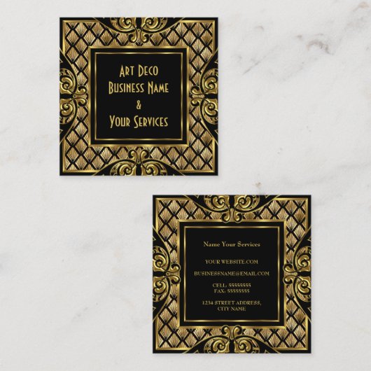エレガントスタイリッシュアールデコ金ゴールドブラックヴィンテージ1930 スクエア名刺 (正面/裏面)