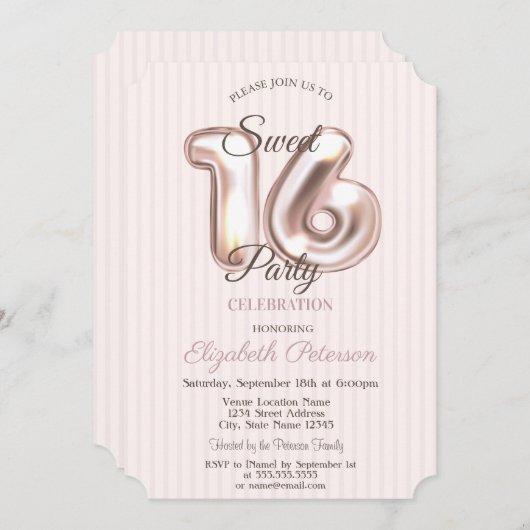 エレガントスタイリッシュストライプのSweet 16 招待状 (正面/裏面)