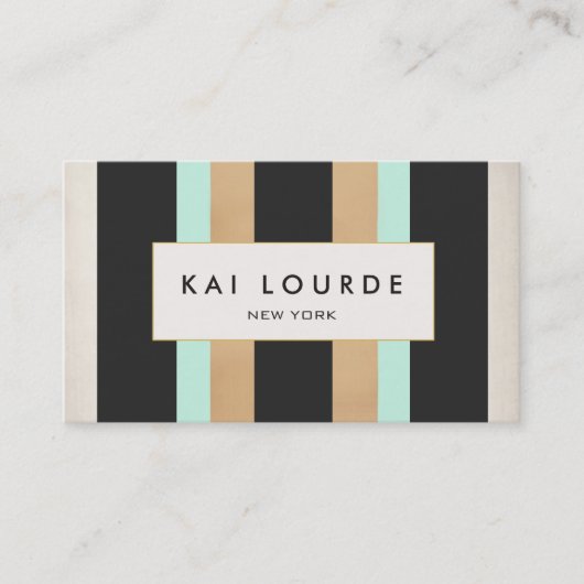 エレガントスタイリッシュターコイズ金ゴールドとブラックストライプの 名刺 (正面)
