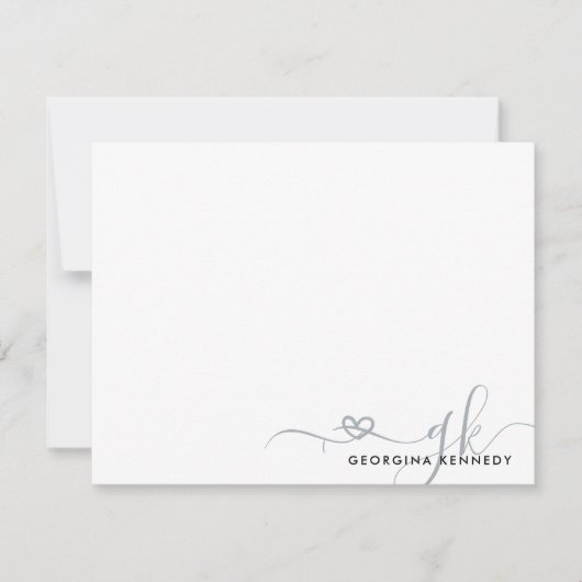 エレガントスタイリッシュハートスクリプト2モノグラムイニシャル ノートカード (正面)