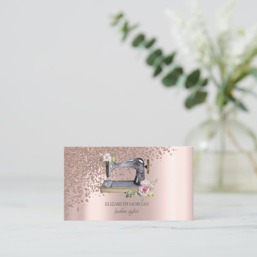 エレガントスタイリッシュバラ金ゴールド裁縫機 名刺 (スタンド正面)