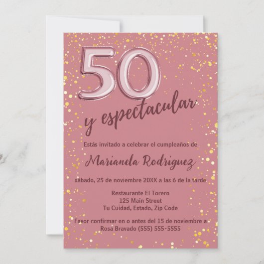 エレガントスタイリッシュバラ金ゴールド50誕生日スペインの 招待状 (正面)