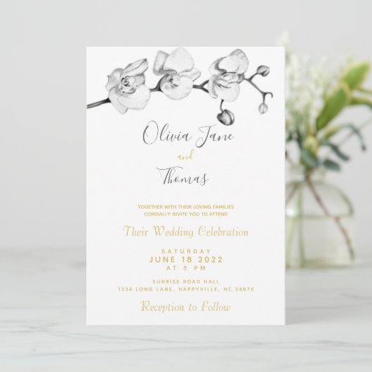 エレガントスタイリッシュモダンシンプルフローラボタニカルB&W 招待状 (スタンド正面)