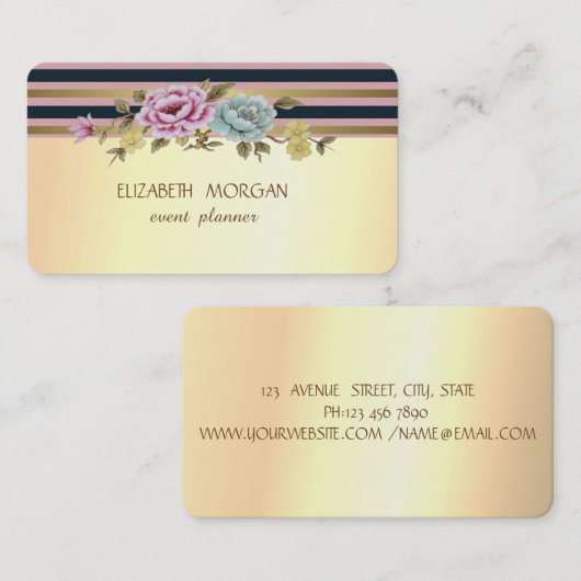 エレガントスタイリッシュモダンフェイク金ゴールドストライプの，花 名刺 (正面/裏面)
