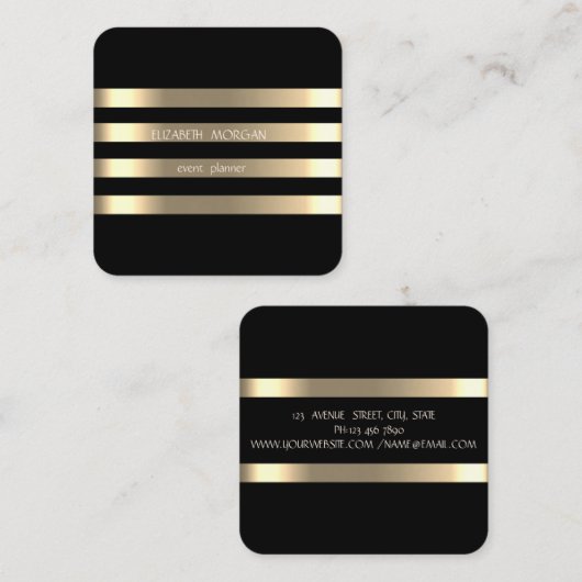 エレガントスタイリッシュモダンフェイク金ゴールドストライプの,黒 スクエア名刺 (正面/裏面)