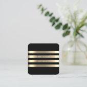 エレガントスタイリッシュモダンフェイク金ゴールドストライプの，黒 スクエア名刺 (スタンド正面)