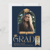 エレガントスタイリッシュモダン写真金ゴールド卒業帽子 招待状 (正面)