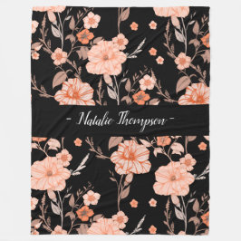 エレガントスタイリッシュモノグロムlブラックパターンフローラ フリースブランケット