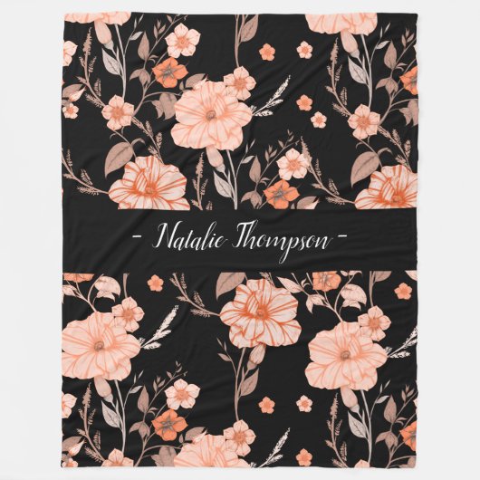 エレガントスタイリッシュモノグロムlブラックパターンフローラ フリースブランケット (正面)