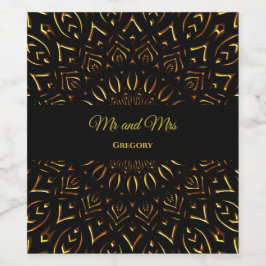 エレガントスタイリッシュ民族曼荼羅の黒華美金ゴールド ワインラベル