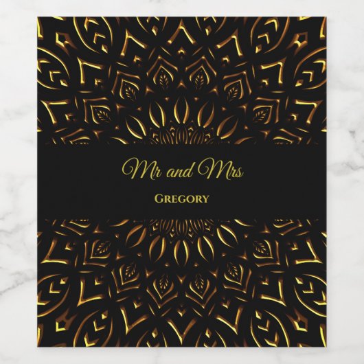 エレガントスタイリッシュ民族曼荼羅の黒華美金ゴールド ワインラベル (シングルラベル)