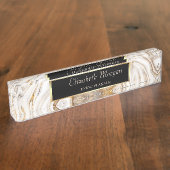 エレガントスタイリッシュ金ゴールド枠、白茶色の大理石 デスクネームプレート (側面)