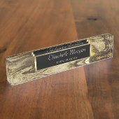 エレガントスタイリッシュ金ゴールド枠、茶色の大理石 デスクネームプレート (側面)