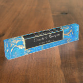 エレガントスタイリッシュ金ゴールド枠、青い大理石 デスクネームプレート (側面)