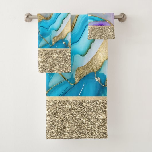 エレガントスタイリッシュ金ゴールド、青、バイオレット大理石 バスタオルセット (インサイチュ)