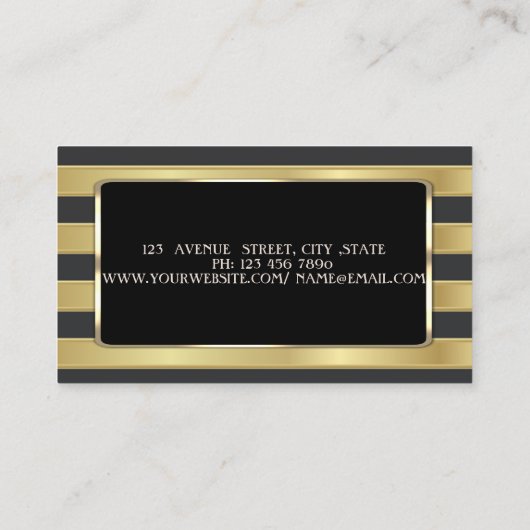エレガントスタイリッシュ,金ゴールドストライプの，黒フレーム 名刺 (裏面)