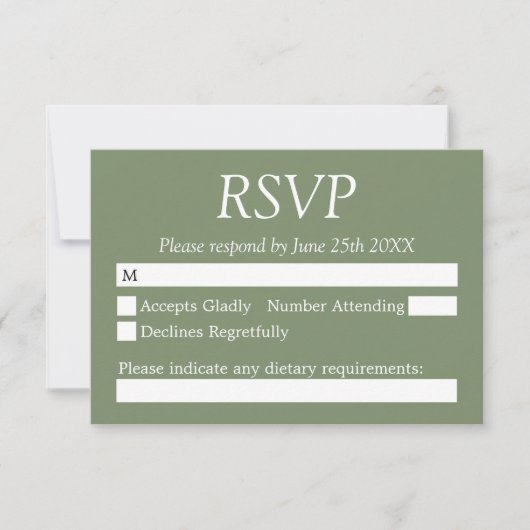 エレガントスタイリッシュSage Green Wedding RSVPカード (正面)