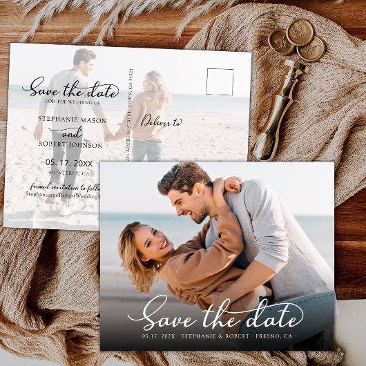 エレガントスタイリッシュScript Photo Wedding日付の保存 案内ポストカード