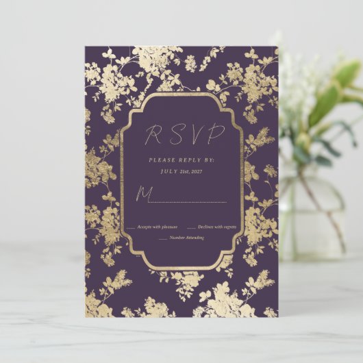 エレガントスタイルダークパープル金ゴールドフローラRSVP 招待状 (スタンド正面)