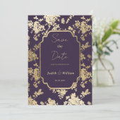 エレガントスタイル ダークパープル ゴールド フローラ 保存日 招待状 (スタンド正面)