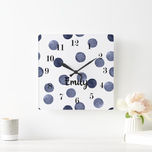 エレガントスタイル、水彩水玉模様、青とwhit スクエア壁時計 (ホーム)