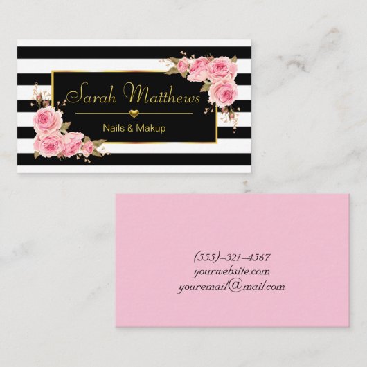エレガントストライプのバラ美容師サロン金ゴールドハート 名刺 (正面/裏面)