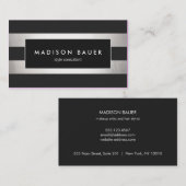 エレガントストライプのモダン黒フェイク銀箔 名刺 (正面/裏面)