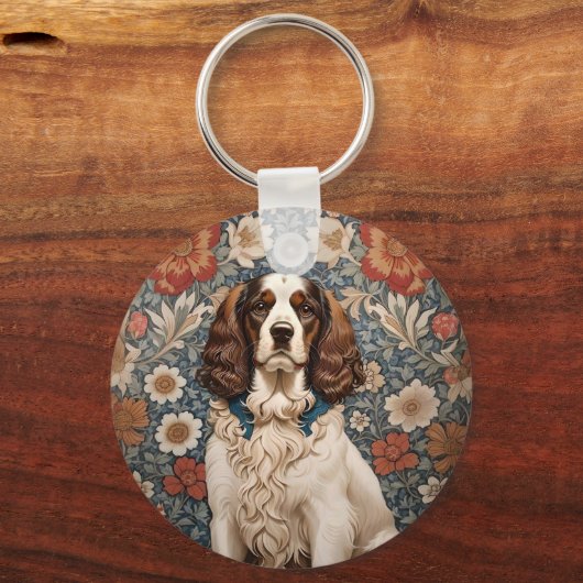 エレガントスパニエル犬のフローラ背景 キーホルダー (裏面)