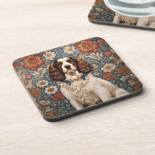 エレガントスパニエル犬のフローラ背景 コースター (左側)