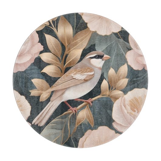 エレガントスパローほこりっぽいピンクと金ゴールドフローラ カッティングボード (正面)