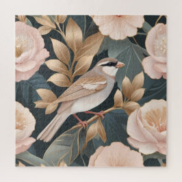 エレガントスパローほこりっぽいピンクと金ゴールドフローラ ジグソーパズル