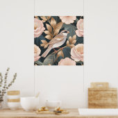 エレガントスパローほこりっぽいピンクと金ゴールドフローラ ポスター (キッチン)