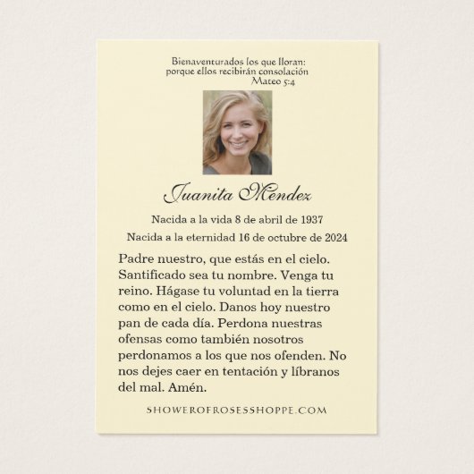 エレガントスペインのバラ宗教的な写真祈りの言葉カード (裏面)