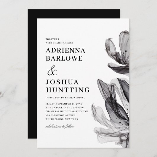 エレガントスモーキーな花サイド文字ブラック結婚ズ 招待状 (正面/裏面)