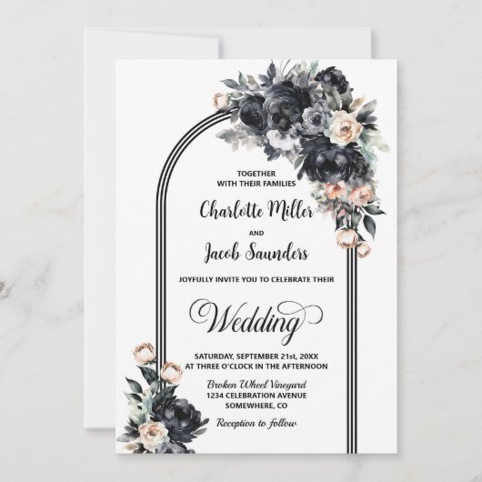 エレガントスモーキー黒フローラ結婚アーチ 招待状 (正面)