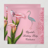 エレガントスワンピンクカラリリーフローラ誕生日パーティー 招待状 (正面/裏面)