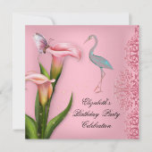 エレガントスワンピンクカラリリーフローラ誕生日パーティー 招待状 (正面)