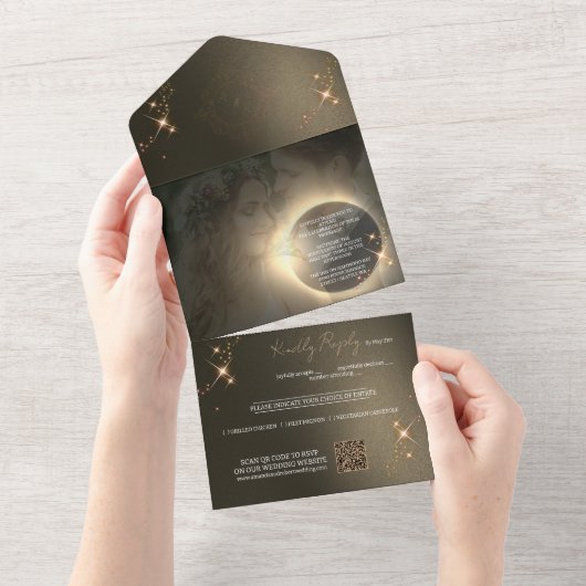 エレガントセピ太陽のアEclipseカスタムフォト結婚ズ オールインワン招待状 (貼ってはがせる)