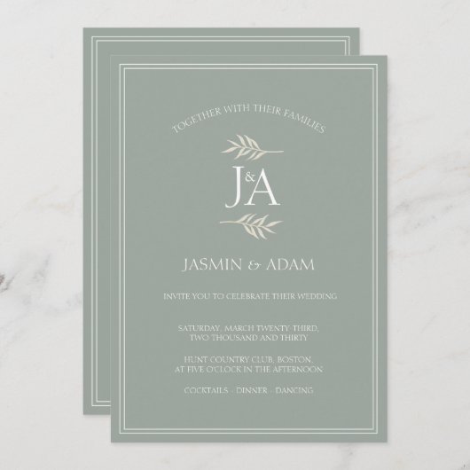 エレガントセージグリーンクラシックイニシャル結婚ズ 招待状 (正面/裏面)