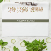 エレガントセージグリーンホリフェイクー金ゴールドトナカイそり キッチンタオル (折り畳み)