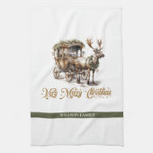 エレガントセージグリーンホリフェイクー金ゴールドトナカイそり キッチンタオル (縦)