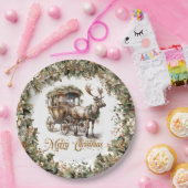 エレガントセージグリーンホリフェイクー金ゴールドトナカイそり ペーパープレート (パーティー)