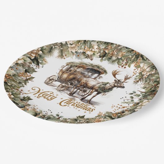 エレガントセージグリーンホリフェイクー金ゴールドトナカイそり ペーパープレート (アングル)