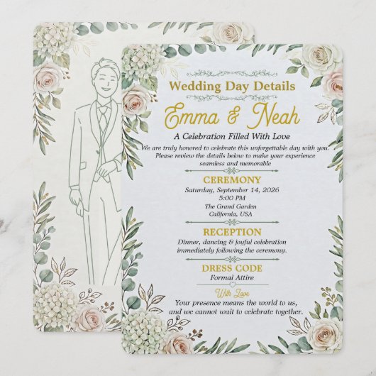 エレガントセージゴールドの結婚式詳細カード 招待状 (正面/裏面)
