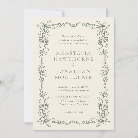 エレガントセージ結婚グリーンヴィンテージビクトリアンズ 招待状 (正面)